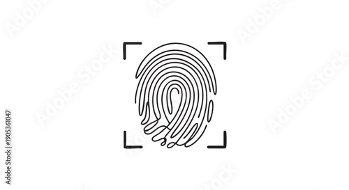 Black line art fingerprint icon with scanning frame corners for biometric identification and security authentication, a minimalist graphic symbol for digital access and privacy protection