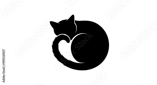 Silhouette of a black cat curled up sleeping peacefully.