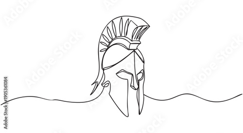Ancient spartan helmet with a plume drawn in a single continuous line art style, a minimalist black and white illustration of a historic greek warrior's headgear