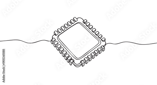 Computer processor chip drawn in a continuous single black line style for a minimalist and modern technology concept, showing the CPU with its connecting pins in a simple sketch
