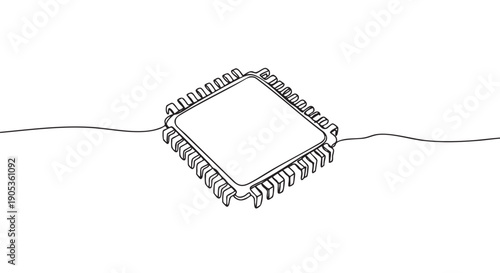 Computer processor chip drawn in a continuous single line style, representing modern technology and digital innovation in a minimalist black and white outline sketch