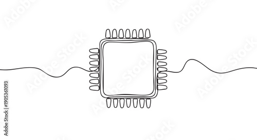 Computer microchip processor drawn in a continuous single line art style, representing technology, innovation, and digital processing in a minimalist black and white illustration