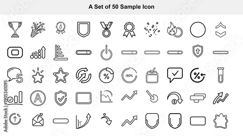 Collection of fifty simple black outline icons displayed in a grid arrangement