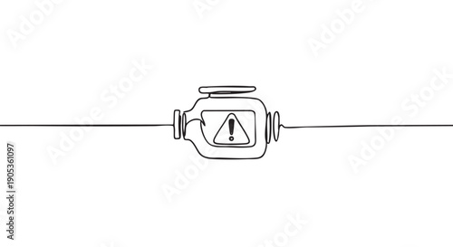 Car engine warning icon with an exclamation mark drawn in a simple, continuous one line art style, symbolizing a vehicle malfunction, diagnostic error, or service alert