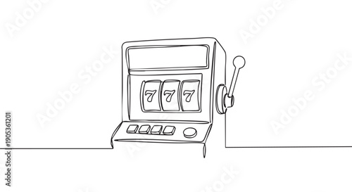 Single continuous line drawing of a slot machine showing a 777 jackpot win in a minimalist black and white art style, representing luck, gambling, and fortune