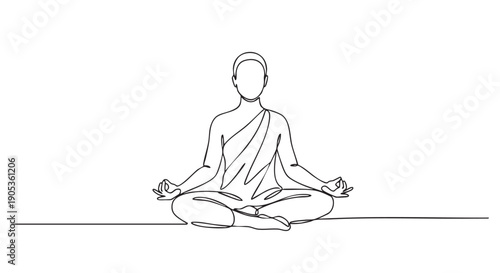 Monk sitting in a lotus yoga pose drawn with one continuous black line in a minimalist style, representing zen, mindfulness, and spiritual balance