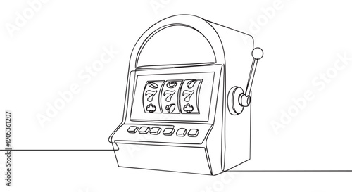 Continuous single line drawing of a slot machine showing a lucky 777 jackpot combination in a minimalist, modern, and clean artistic style for gambling and casino concepts
