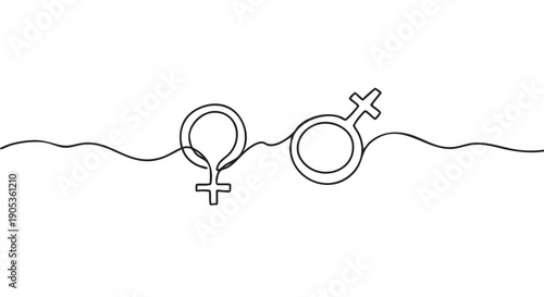 Two female gender symbols drawn in a continuous one line art style represent a lesbian couple, same-sex love, and female solidarity in a minimalist black and white illustration