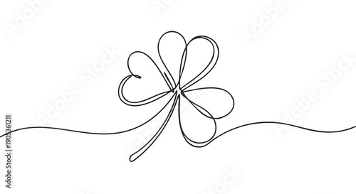 Four-leaf clover drawn in a continuous one-line art style, symbolizing good luck and fortune for Saint Patrick's Day with elegant, minimalist heart-shaped leaves