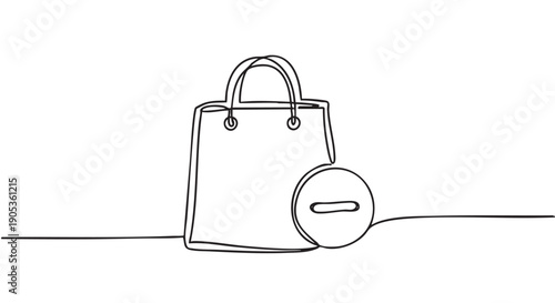Shopping bag with a minus symbol drawn in a continuous one line art style, a minimalist icon for removing items from an online shopping cart