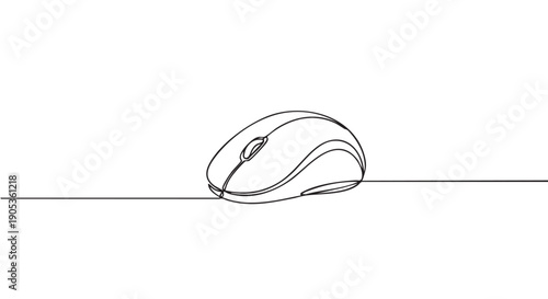Computer mouse drawn in a single continuous line is a minimalist black and white illustration of a modern digital peripheral device for computer navigation and clicking