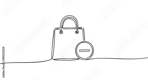 Shopping bag with a minus sign drawn in a continuous single line art style, symbolizing removing an item from a cart or decreasing a purchase quantity for e-commerce