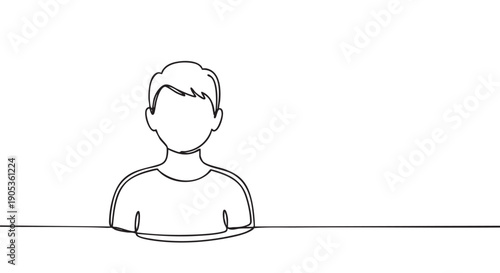 Faceless young man's bust drawn with a continuous single black line, a minimalist and abstract illustration representing an anonymous person or a generic user profile avatar