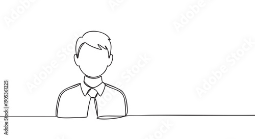 Continuous one line art portrait of a businessman in a shirt and tie, a minimalist black and white hand-drawn illustration of a faceless male avatar for a user profile