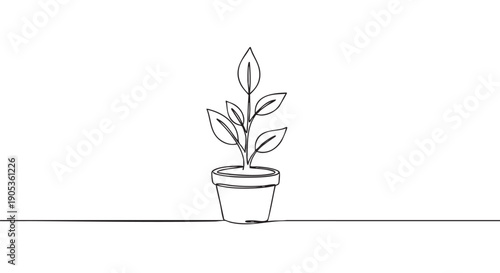 Continuous single line drawing of a small plant growing in a pot, showcasing a minimalist and elegant artistic style for concepts of growth, nature, and new beginnings
