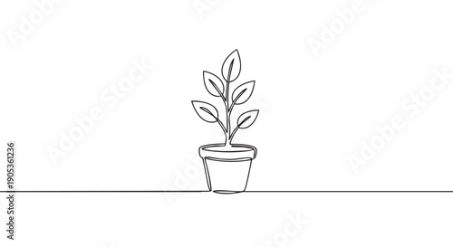 Continuous single line drawing of a small plant in a pot, showcasing a minimalist and elegant illustration style representing growth, nature, and new beginnings
