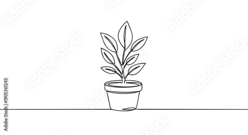 Continuous single line drawing of a potted plant with several leaves, rendered in a minimalist black and white style, symbolizing growth, nature, and simplicity in a modern artistic form