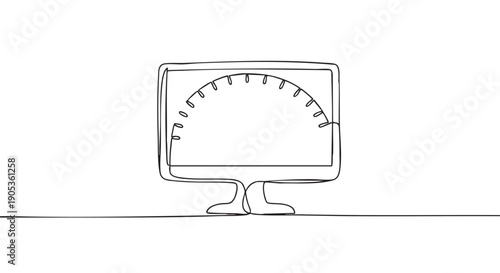 Continuous one-line drawing of a computer monitor with a speedometer on the screen, symbolizing an internet speed test, performance measurement, and digital diagnostics in a minimalist style