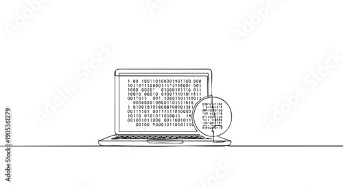 Laptop computer with binary code on its screen is drawn in a minimalist single line art style, with a magnifying glass zooming in on the data for analysis