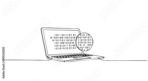 Continuous line drawing of a laptop computer shows binary code on the screen with a magnifying glass zooming in on the ones and zeros for detailed analysis