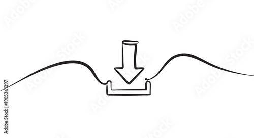 Hand-drawn continuous line art download icon with a downward pointing arrow is created from a single flowing black line in a minimalist doodle style for data transfer concepts