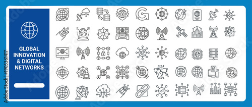 Global Digital Network and Innovation Line Icons for Technology Infrastructure