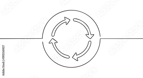 Continuous one line drawing of a circle with four curved arrows symbolizing a repeating cycle, workflow, or process in a minimalist black and white illustrative style