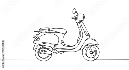 Classic scooter drawn in a continuous single line style, showcasing a minimalist and elegant black and white illustration of a retro moped for urban transportation concepts