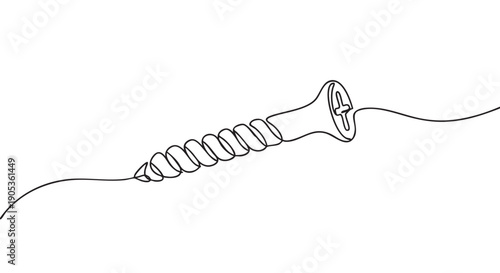 Metal screw with a Phillips head drawn in a single continuous black line, showcasing a minimalist and modern artistic style for a simple and graphic hand-drawn illustration