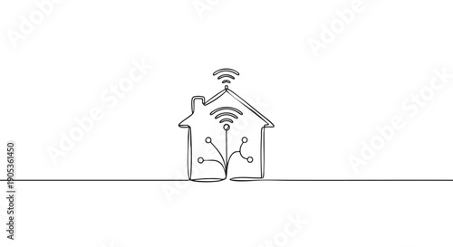 Smart home icon drawn in a continuous single line style showing a house with internal network connections and a wireless wifi signal, representing home automation and IoT technology