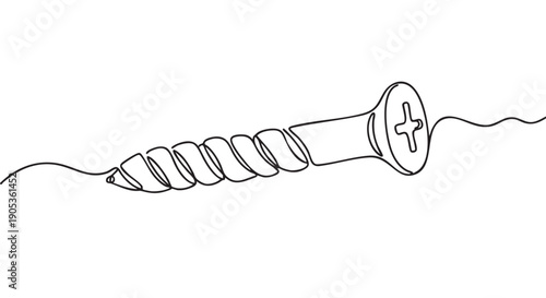 Single continuous line drawing of a metal screw with a Phillips head and sharp threads, depicted in a minimalist black and white artistic style for construction concepts