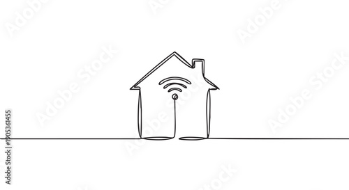 Continuous one line drawing of a house with a Wi-Fi symbol inside, representing smart home technology, internet connectivity, and wireless networking in a minimalist style