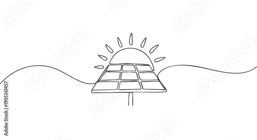 Solar panel and sun in a continuous single line drawing, a minimalist black and white illustration representing renewable energy, sustainability, and clean technology