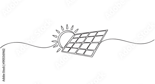 Solar panel and sun in a continuous single line drawing style symbolizes renewable green energy, sustainability, and modern ecological technology with a simple, minimalist design