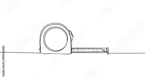 Retractable tape measure tool illustrated with a single continuous black line in a minimalist and simple style, showing the measuring tape slightly pulled out from its case