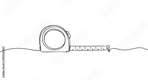 Single continuous line drawing of a tape measure tool with an extended ruler for construction and DIY projects, illustrated in a minimalist black and white graphic style