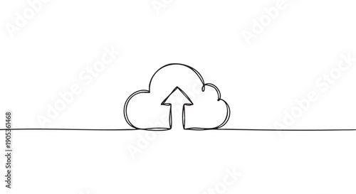 Continuous one line drawing of a cloud with an upload arrow symbolizes data storage and transfer in a minimalist, hand-drawn doodle style for modern technology concepts