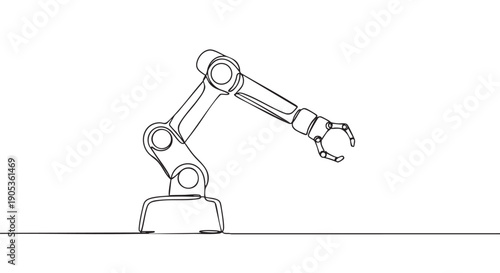Robotic industrial arm with a gripper drawn in a minimalist continuous single line art style, representing modern automation, manufacturing, and advanced engineering technology