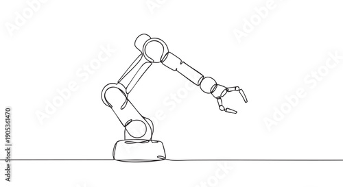Robotic industrial arm drawn in a continuous single line style, representing automation, manufacturing, and modern technology in a minimalist black and white illustration