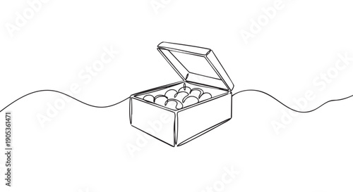 Open egg carton full of eggs drawn in a continuous single line style, showcasing a minimalist and modern black and white illustration with a simple, clean aesthetic