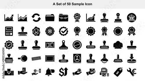 A collection of fifty black monochrome icons representing various concepts and objects
