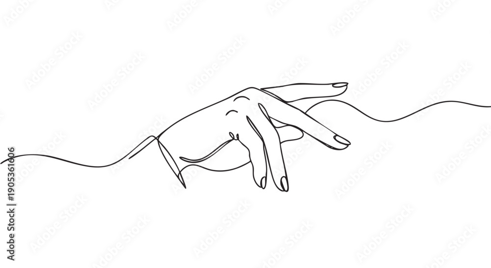 Obraz premium Graceful female hand drawn in a continuous single line art style, with elegant fingers gently touching a wavy surface in a minimalist black and white vector illustration