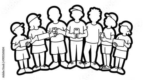 A diverse group of cheerful children stands together, each holding a book or tablet.