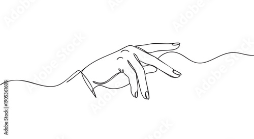 Graceful female hand drawn in a continuous single line art style, with elegant fingers gently touching a wavy surface in a minimalist black and white vector illustration