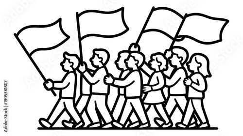 A determined group of people marches forward together, proudly carrying blank flags.