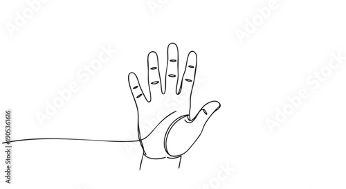 Continuous single line drawing of a hand showing an open palm and fingers in a minimalist, modern, and conceptual artistic style with elegant simplicity