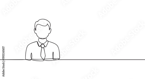 Continuous one line drawing of a businessman in a shirt and tie, a minimalist black and white illustration representing a professional employee or user profile avatar