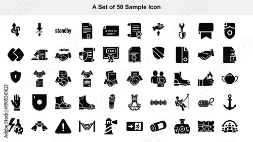 Collection of fifty black silhouette icons representing various objects and concepts