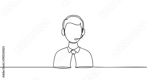 Continuous single line drawing of a faceless male customer service agent wearing a headset with a microphone, depicted in a simple and minimalist black and white vector style