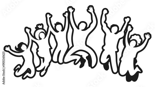 A joyful group of diverse people leaps into the air in exuberant celebration.